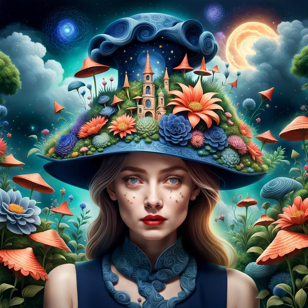 Woman Wearing Magical Garden Hats: Surreal Digital Art