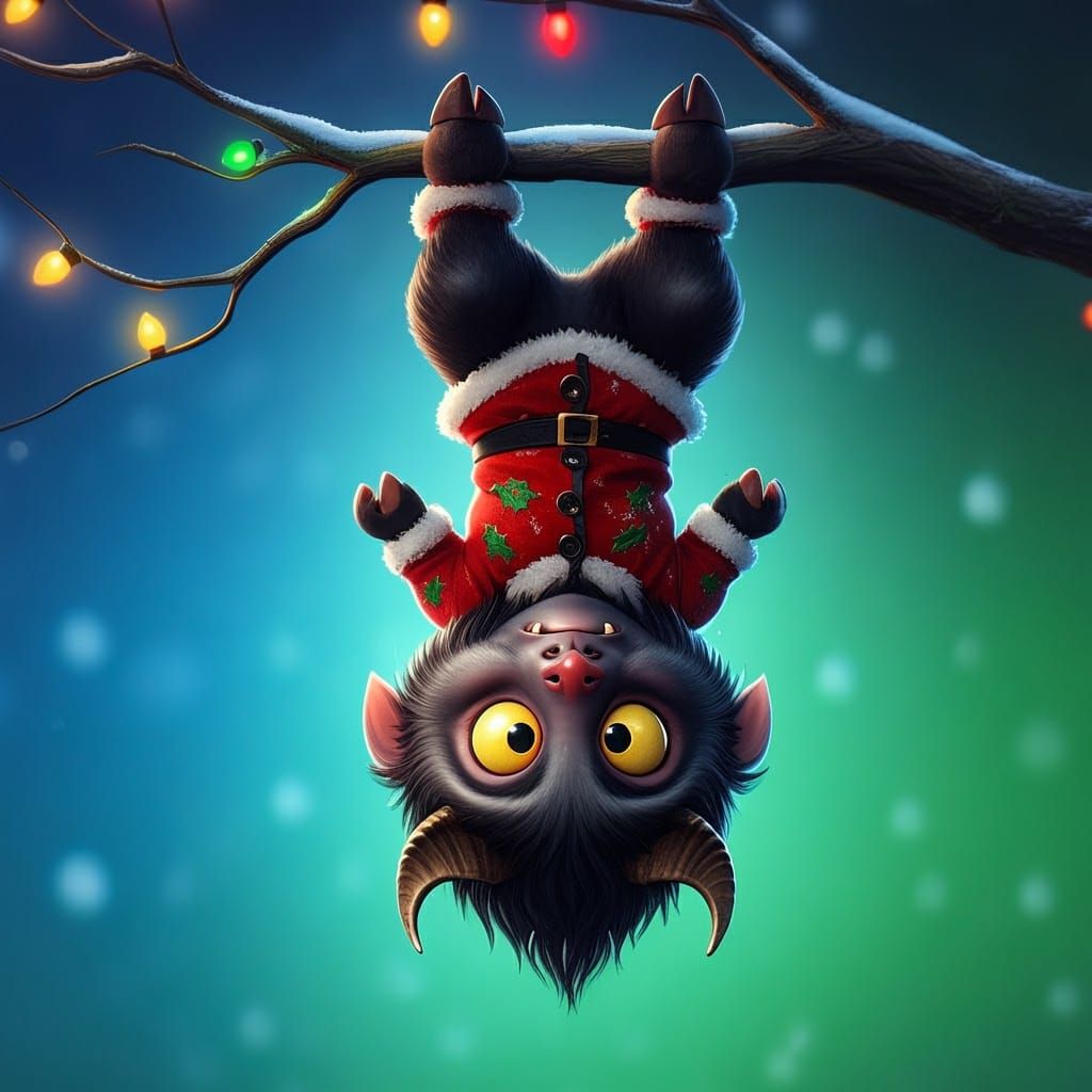 A chibi Krampus with big, round eyes hanging upside down off a branch.