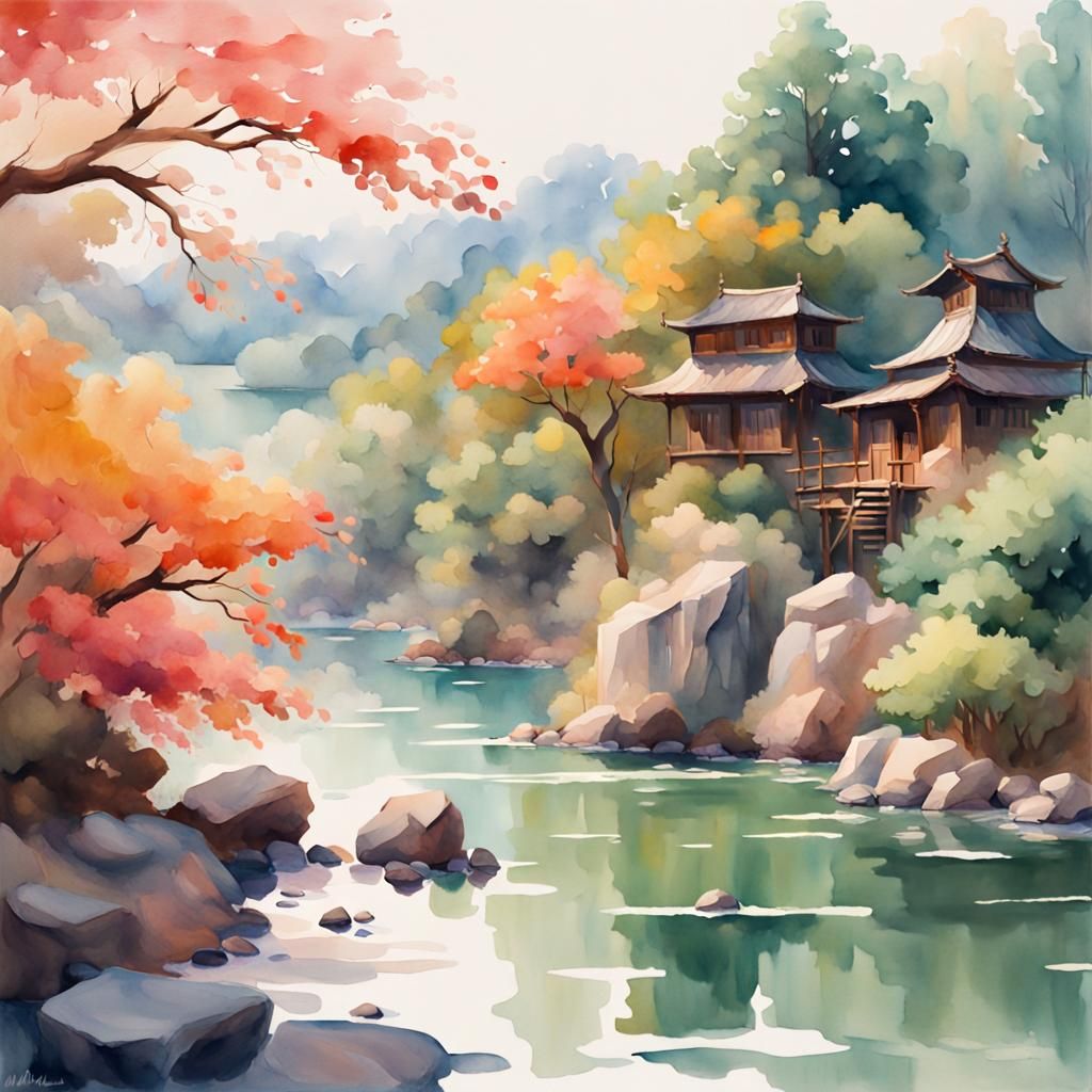 Zen Serenity in Watercolor Gouache Style