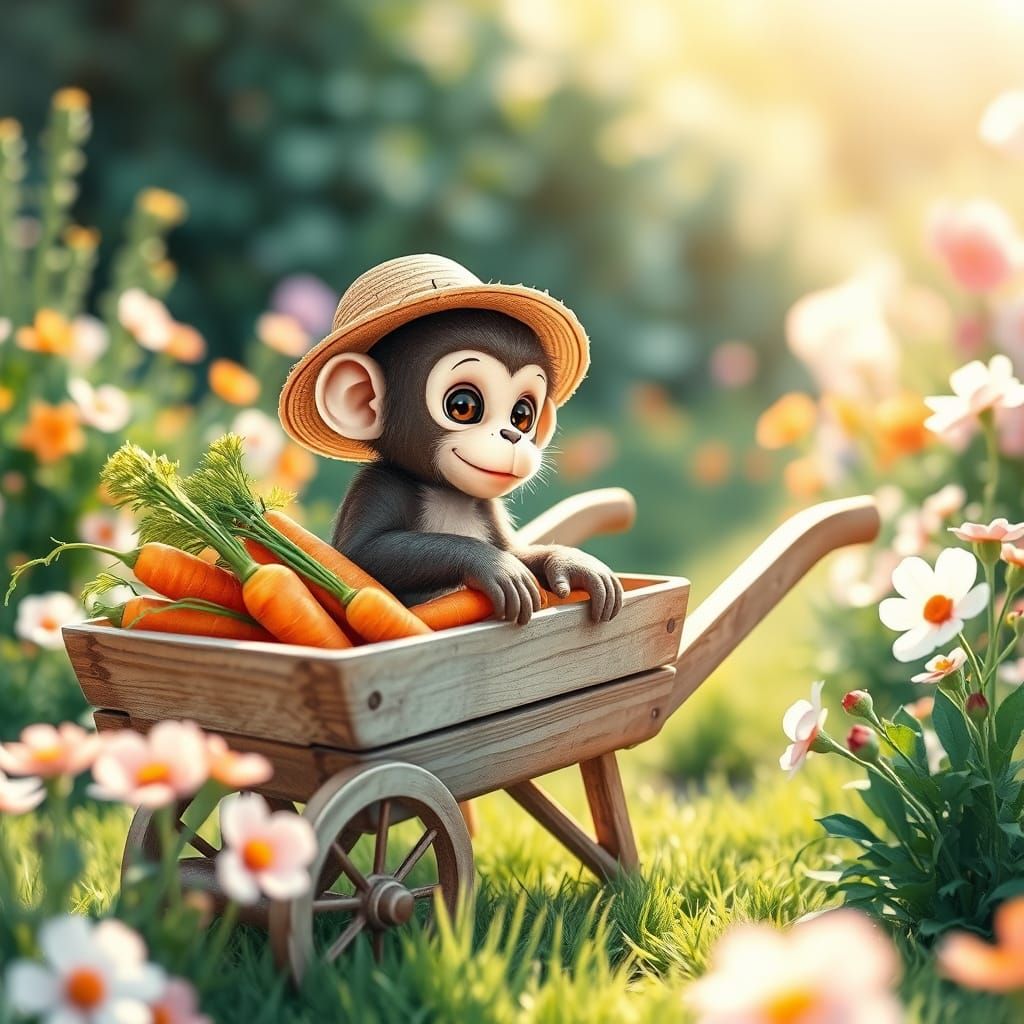 Dreamy Watercolor Garden Scene with Adorable Baby Monkey and...