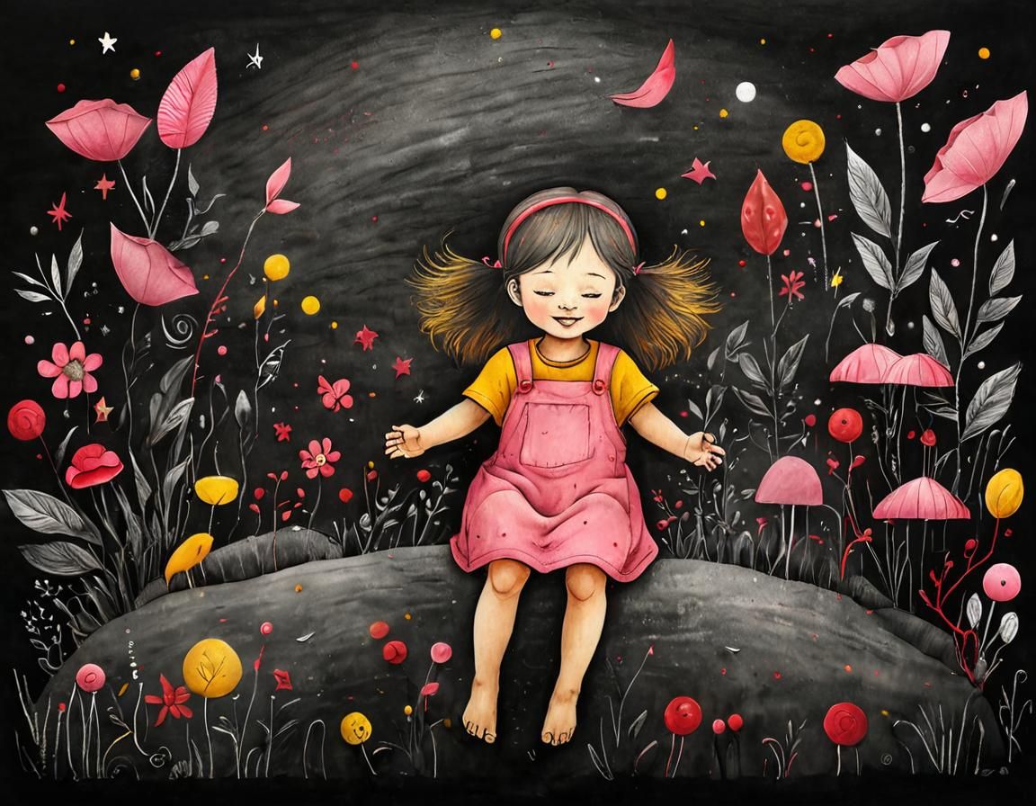 Minimalist Charcoal Drawing of a Happy Childhood Dream