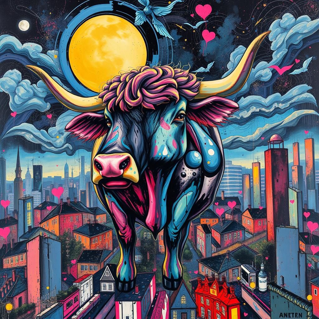 Majestic Cow Amidst Graffiti Cityscape