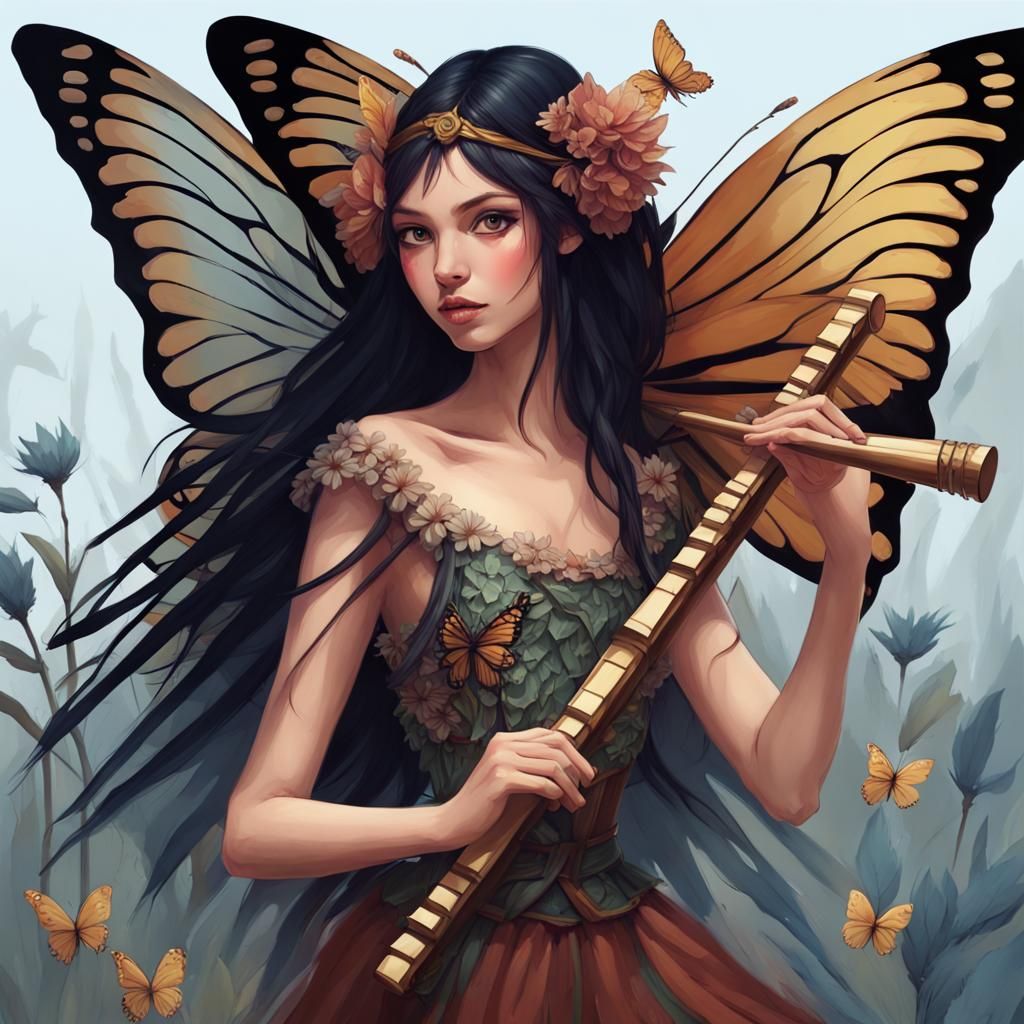 Battle Fairy with Panflute Weapon: Digital Gouache Art