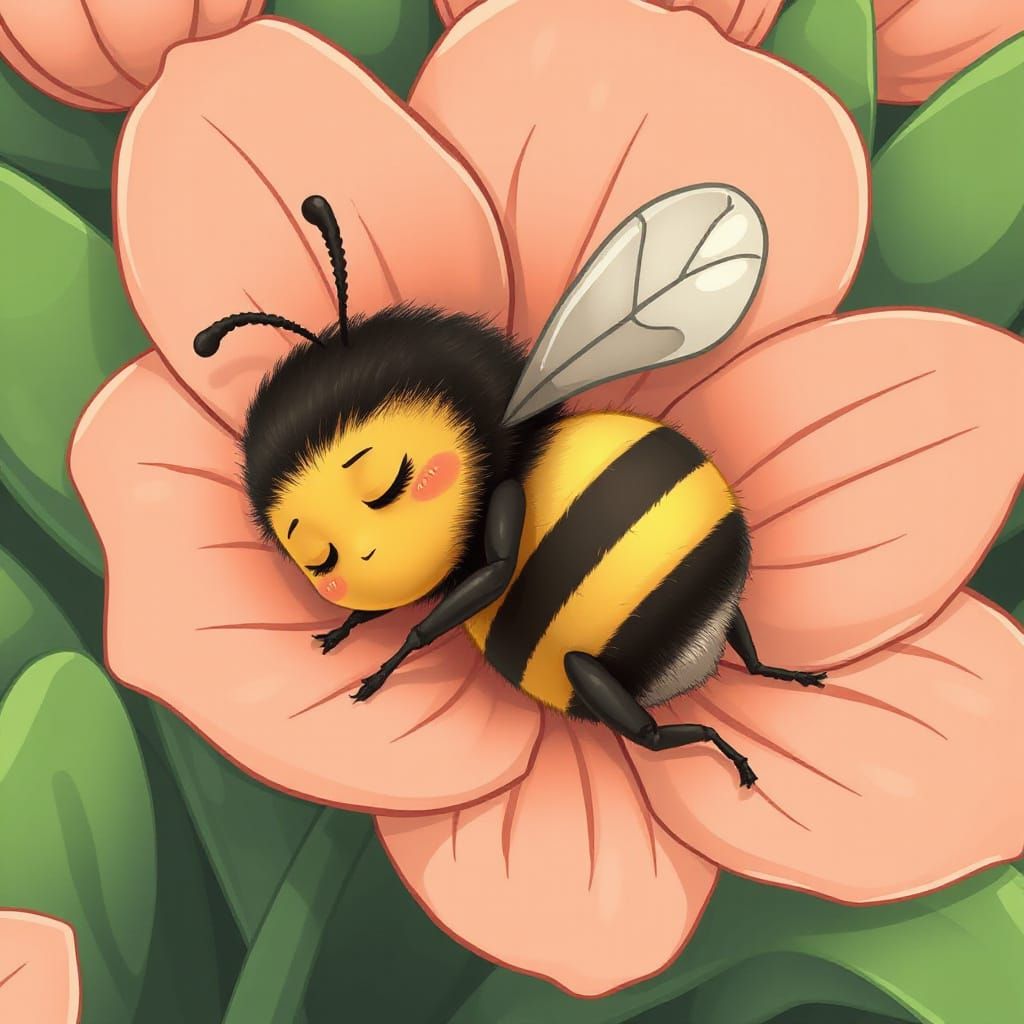 Bumblebee Nap in Cartoon Style Flower
