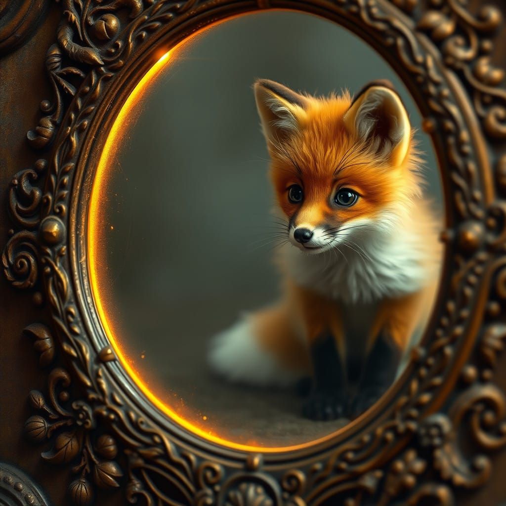 Enchanted Fox Gazing in Golden Mirror
