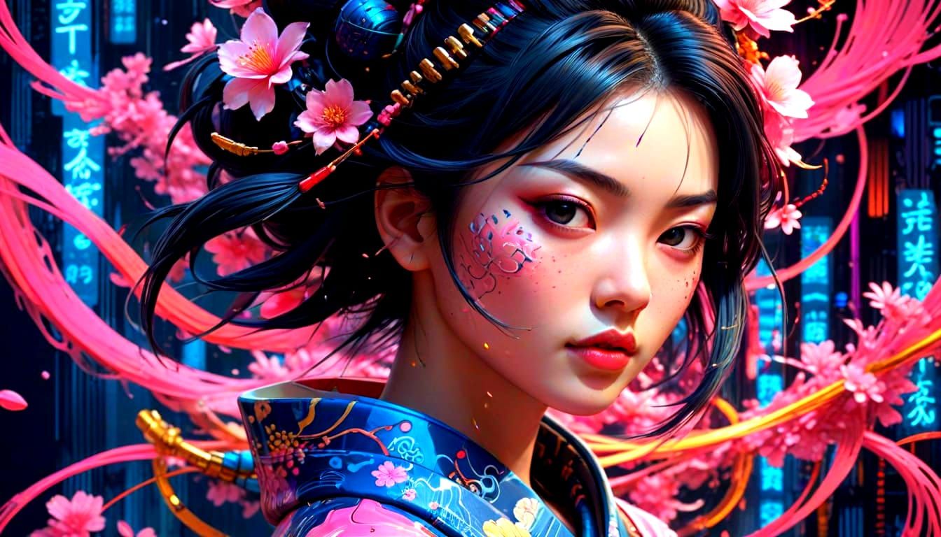 Digital Geisha Dissolving into Static in Vaporwave Glitch Ar...