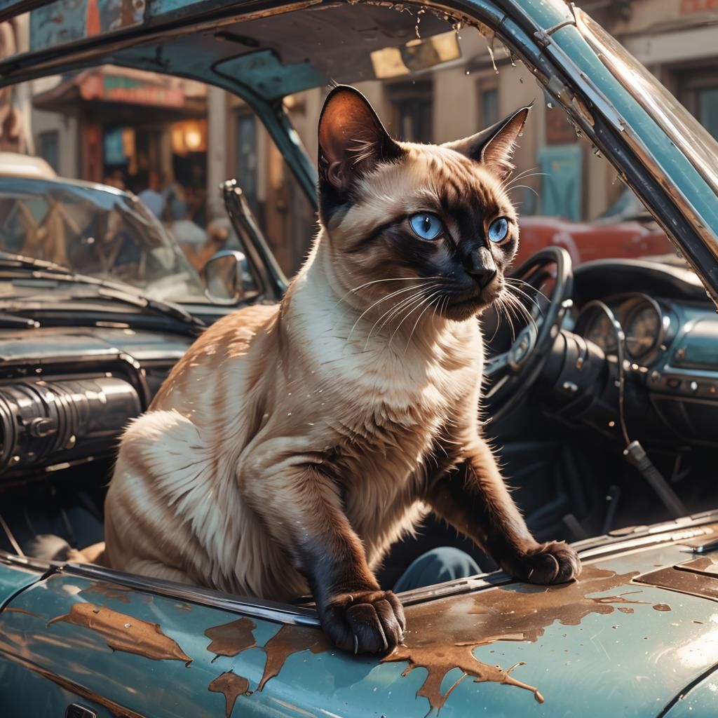 Siamese Cat in car.