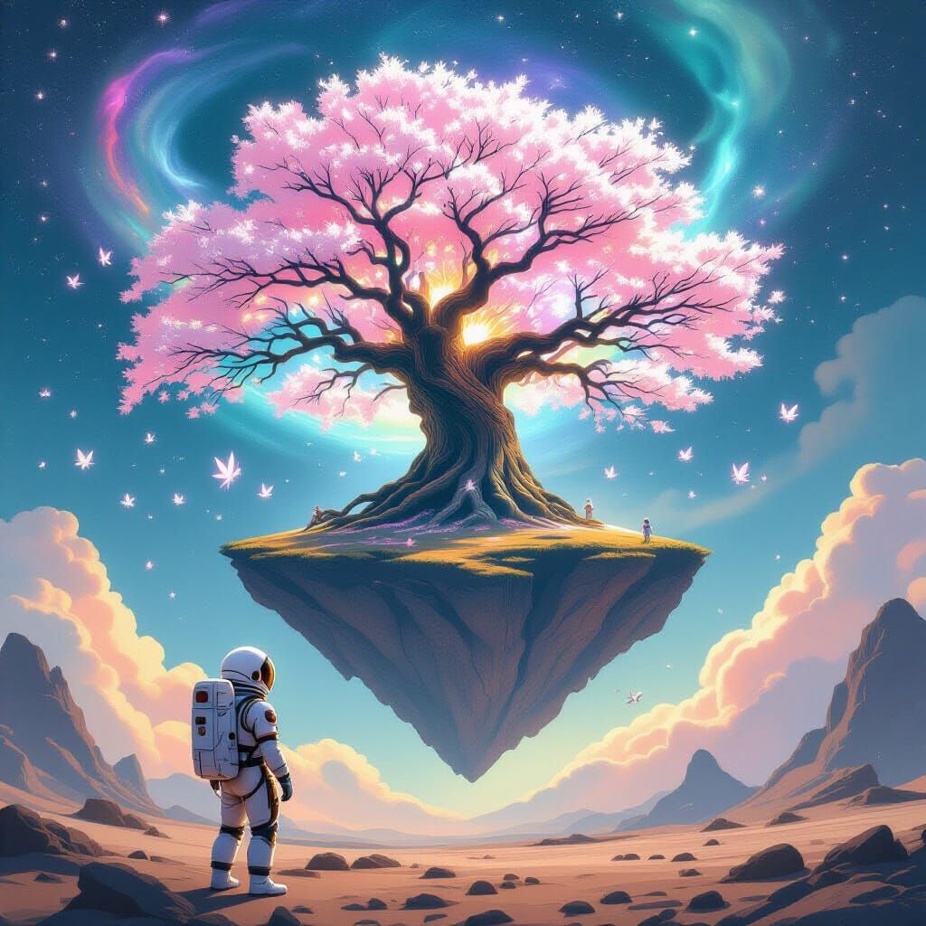 Astronaut Gazes at Bioluminescent Sakura Tree