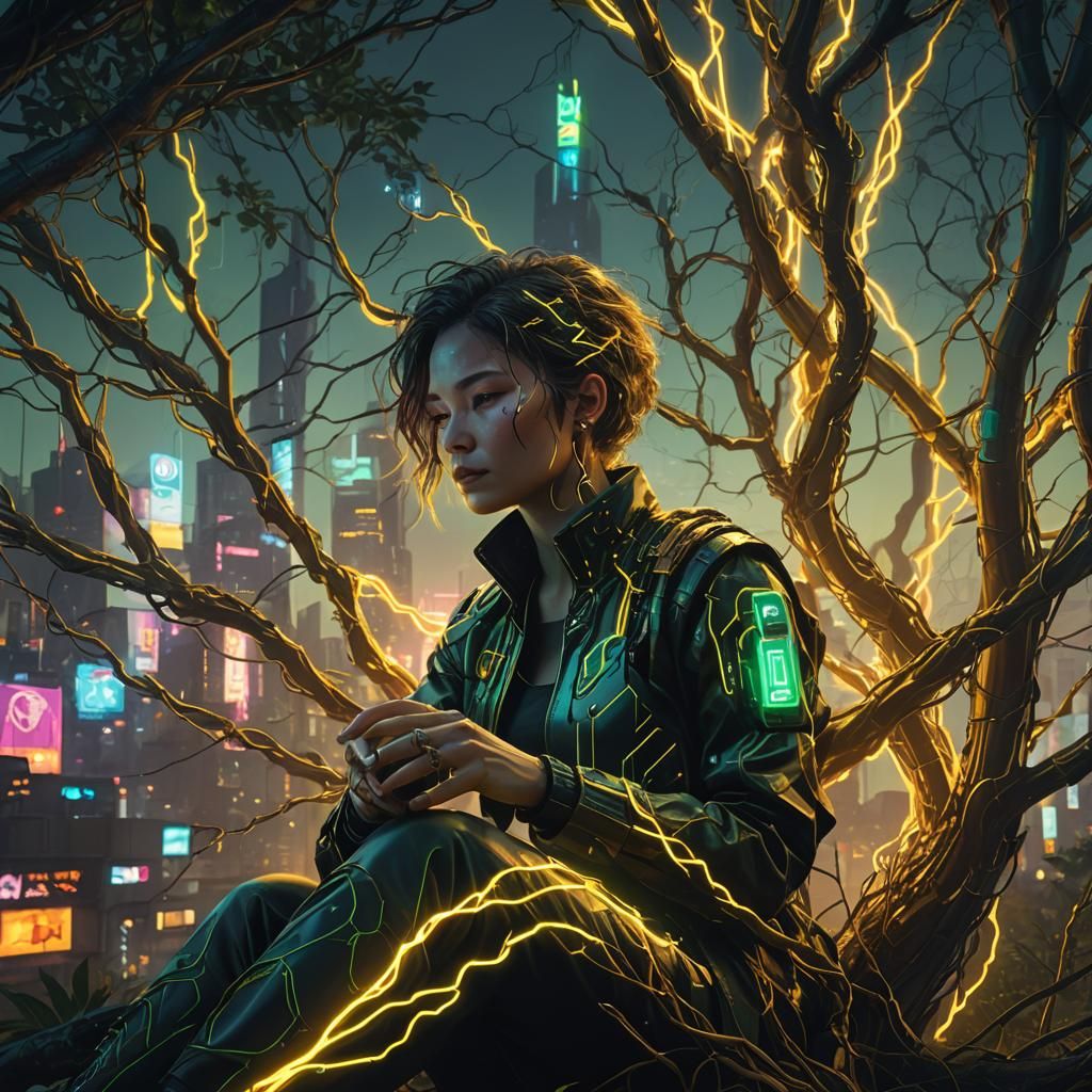 Cyberpunk Woman in Neon Lit Tree at Sunset
