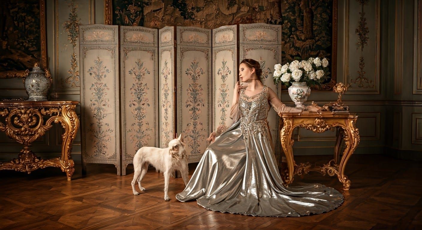 Woman in Opulent Setting, Elegant Mercury Gown, Baroque Tape...