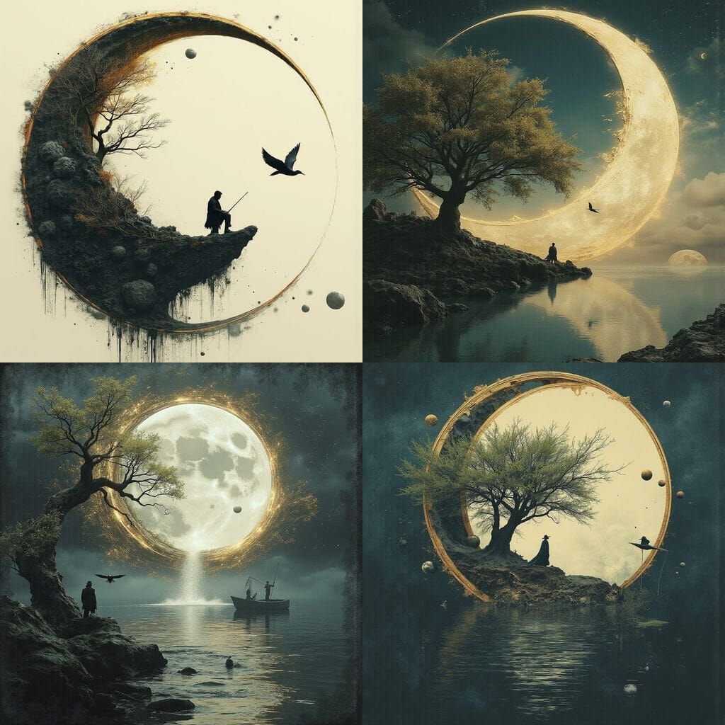 Surreal Landscape with Flying Cormorant and Drifting Planets