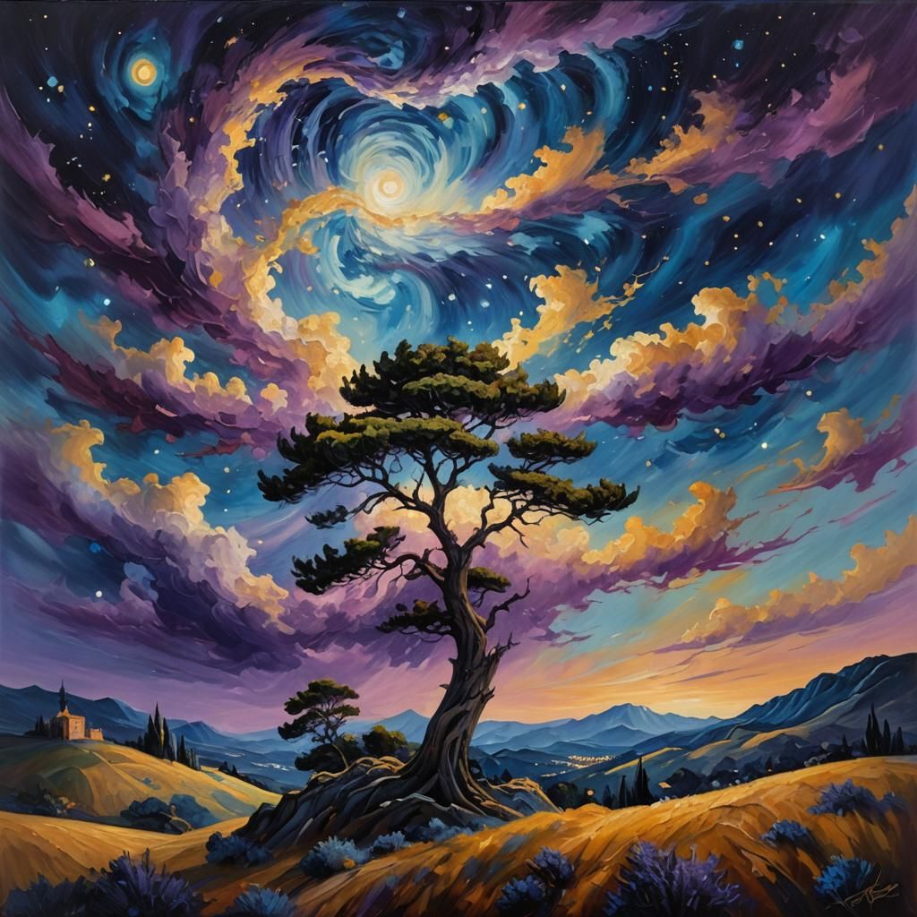 Starry Night with Cypress, Post-Impressionist Oil Painting