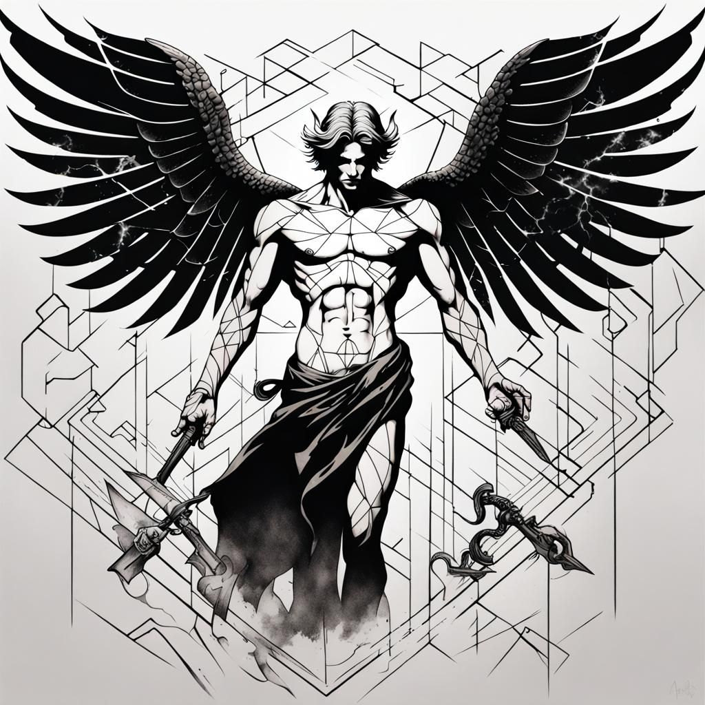 Fallen Angel Tattoo Design in Geometric Style