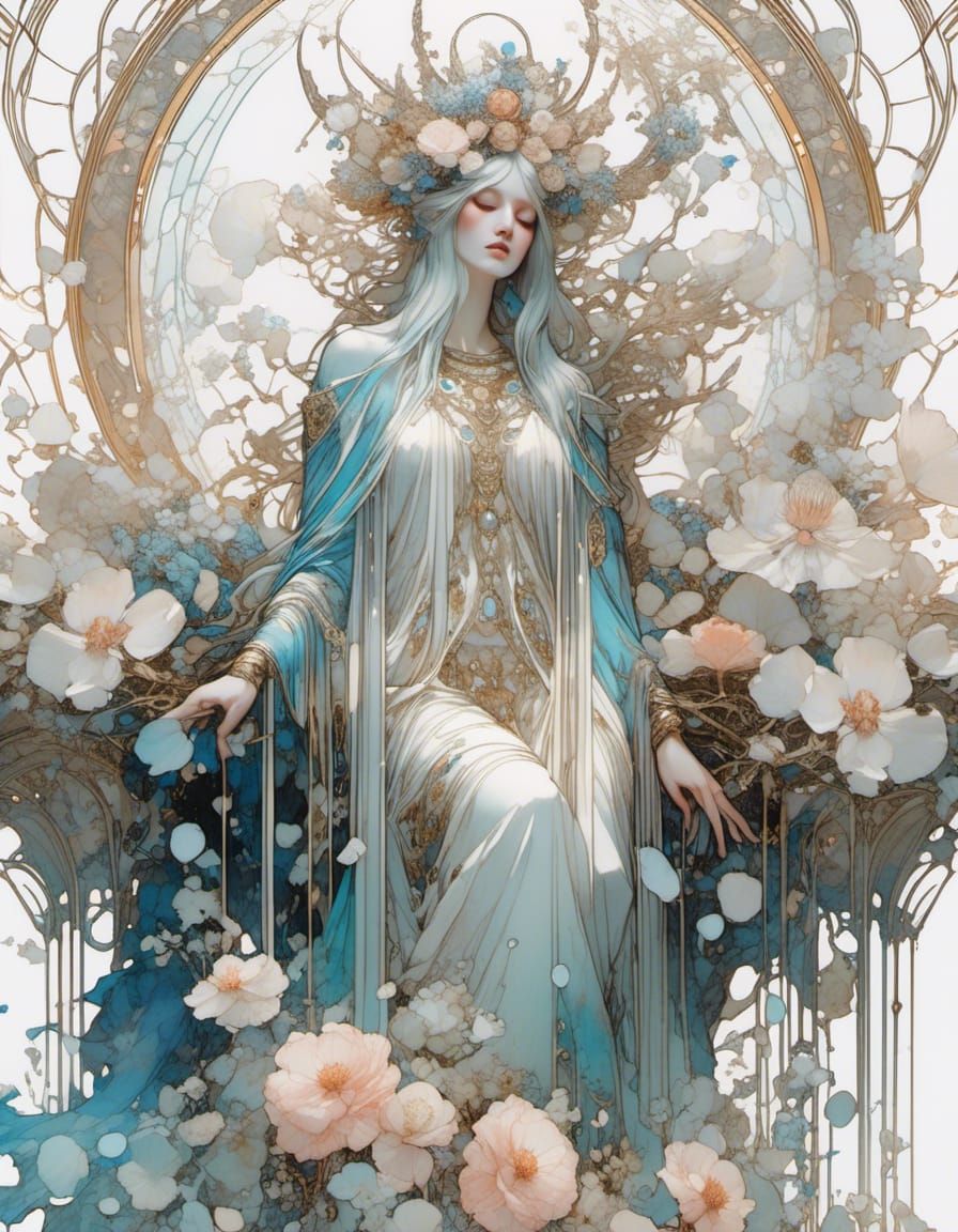 Ghost Goth Queen Dripping Flowers, Gems: Fantasy Art