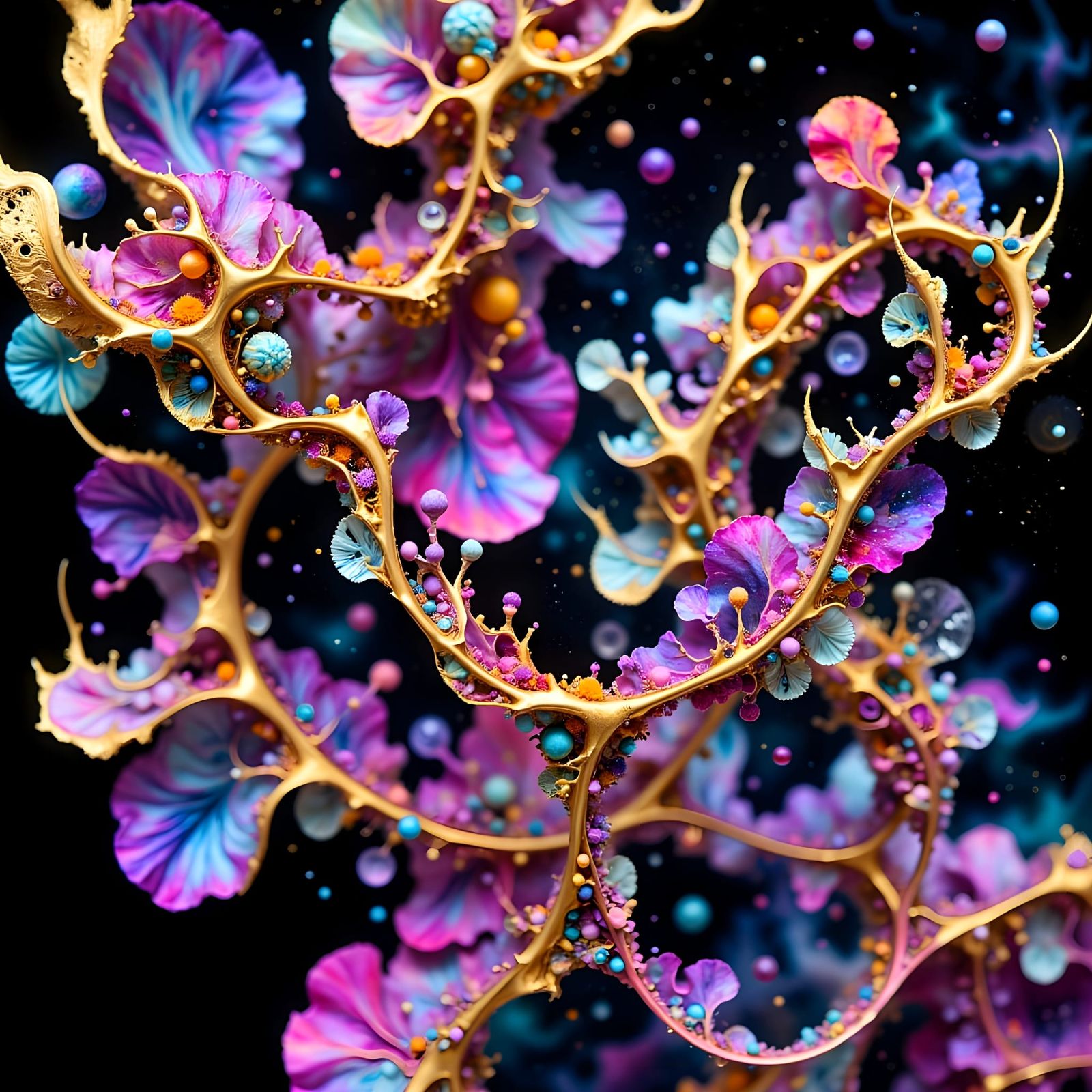 Surreal DNA Helices Unfold in Vibrant Violet, Ruby, and Gold