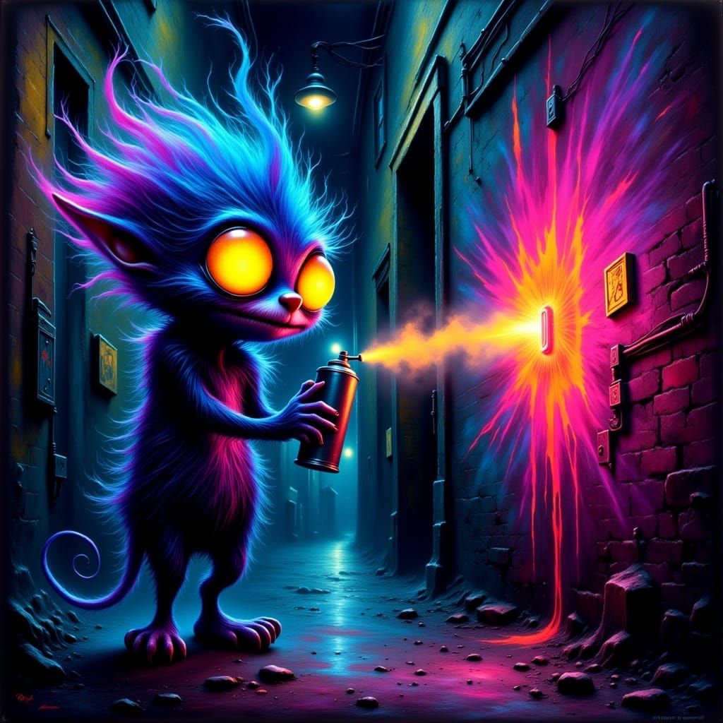 Fantastical Creature Painting Neon Graffiti Art