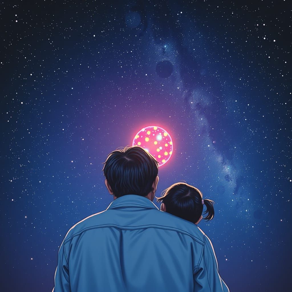 Father and Daughter Gaze at UFO in Starry Night