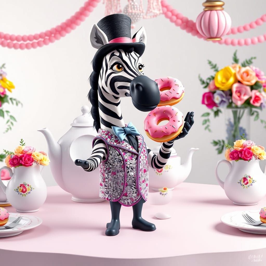 Whimsical Cartoon Zebra Juggles Doughnuts at a Wild Tea Part...