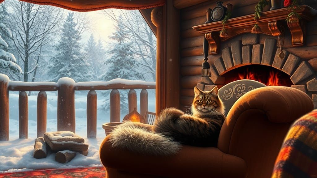 Cozy Cat Sheltered from Blizzard in Log Cabin