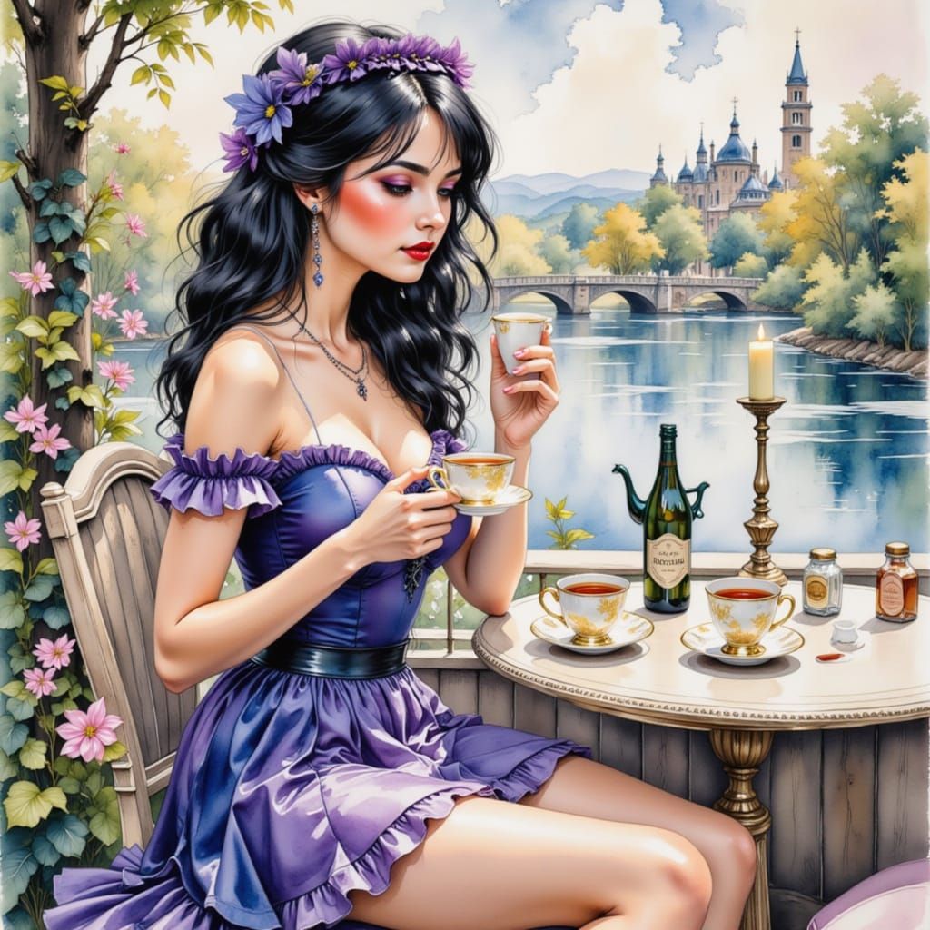 Watercolor Woman on Terrace with Coffee Art Effects