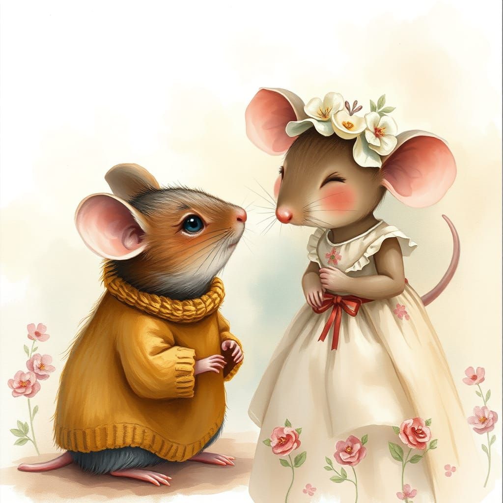 Two Mice in Love, Watercolor Illustration