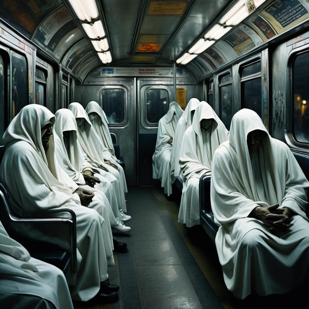 Surreal Figures in Dim Subway Car