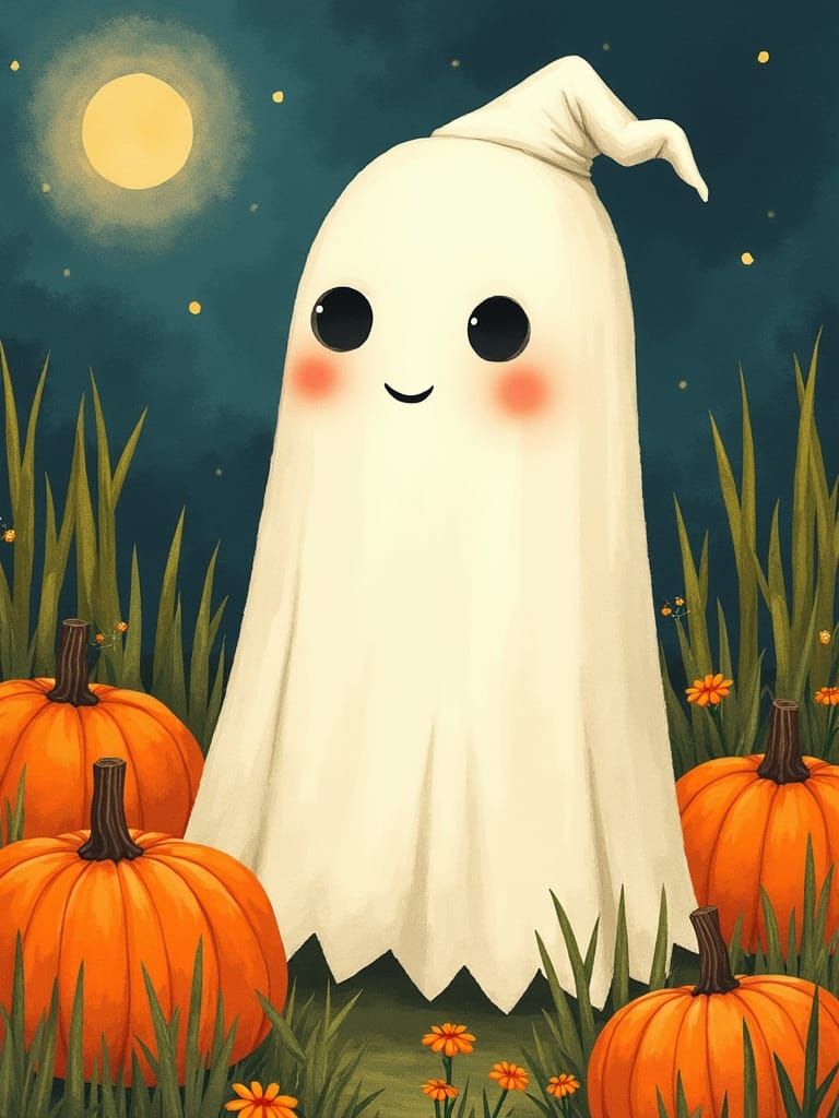 Whimsical Ghost in Moonlit Pumpkin Garden