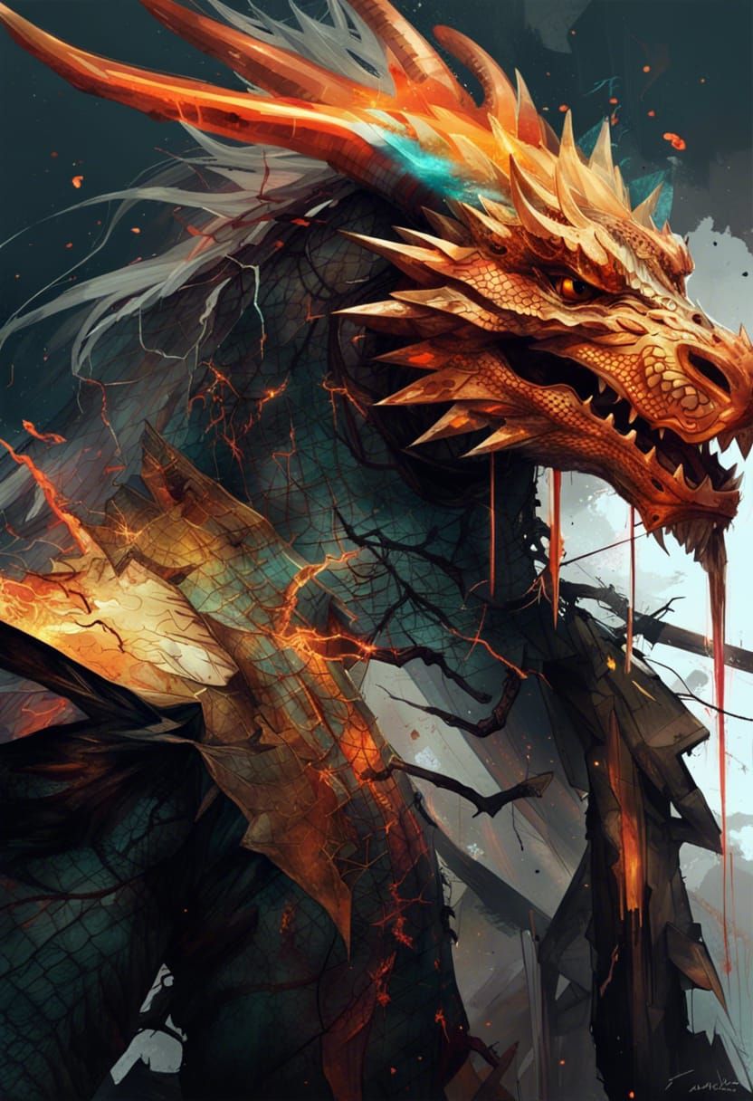 dragon made of lightning and thunder: glowing eyes : electrifying aura : highly detailed : intricate scales : organic tr...