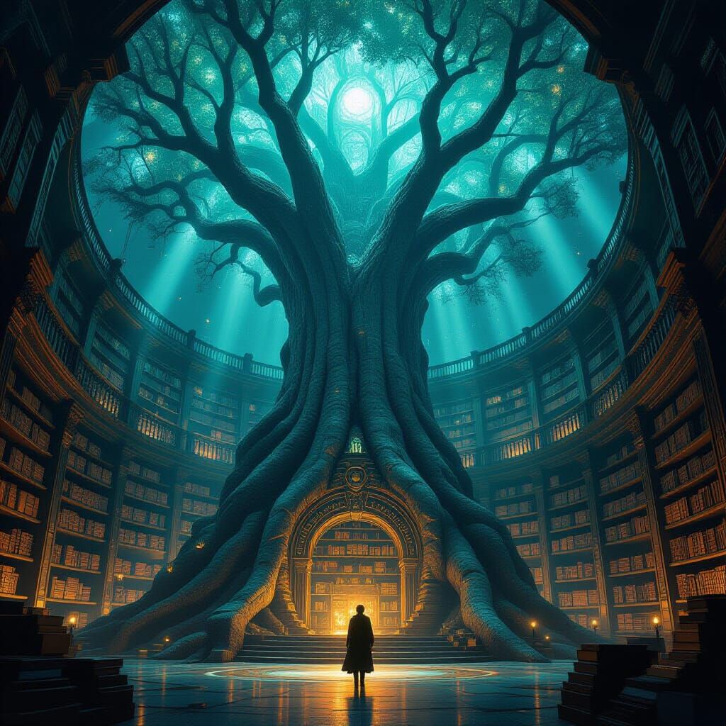 Ancient Bioluminescent Tree Library in Cosmic Horror Style