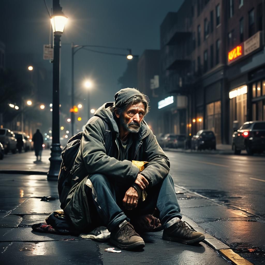 Homeless Person in City: Social Realism Photography