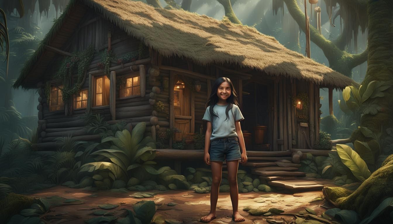 Smiling Girl in Jungle Cabin: Fantasy Concept Art