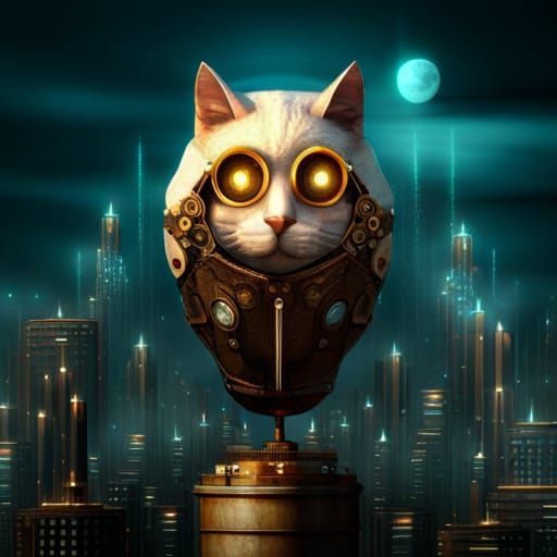 Steampunk Cat Zeppelin Over Post-Apocalyptic City