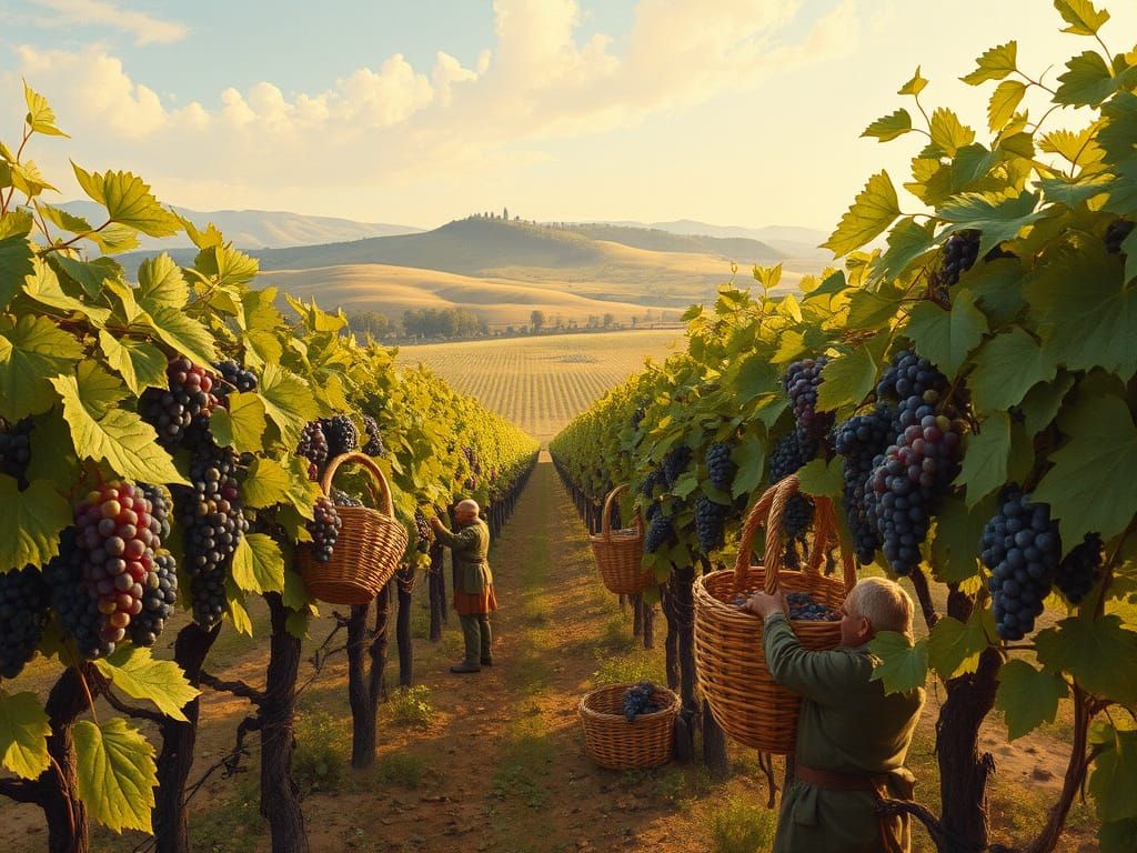 Vibrant Vineyard Harvest Scene in Oil Painting Style