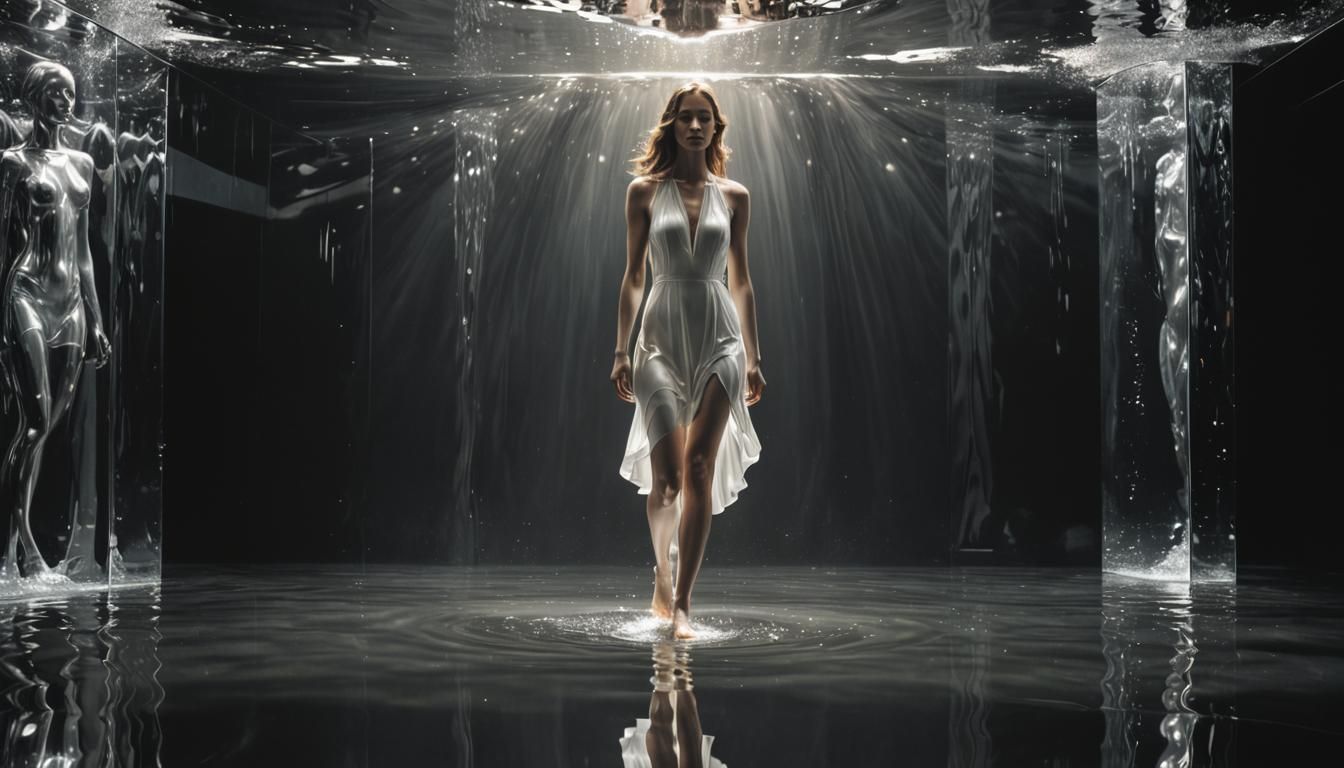 Ethereal Water Woman in Mirrored Room
