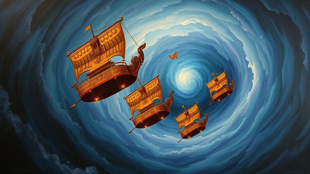 Majestic Vimanas in Mystical Sky, Oil Painting