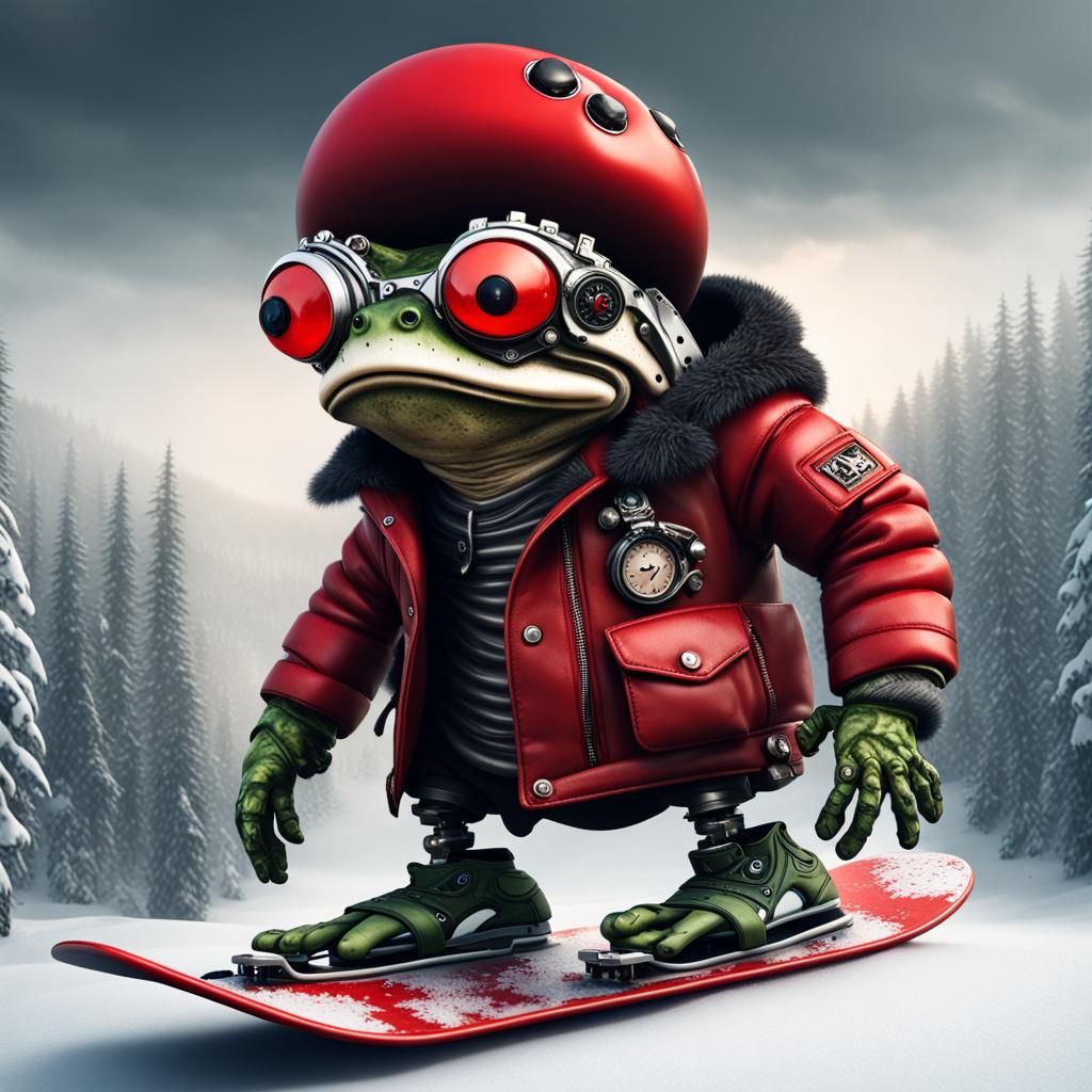 Cyborg Snowboarder with Frog in Dark Fairytale Style