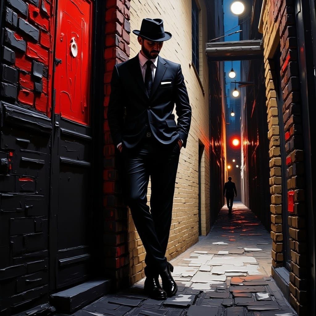 Noir Silhouette in Alley with Impasto Texture