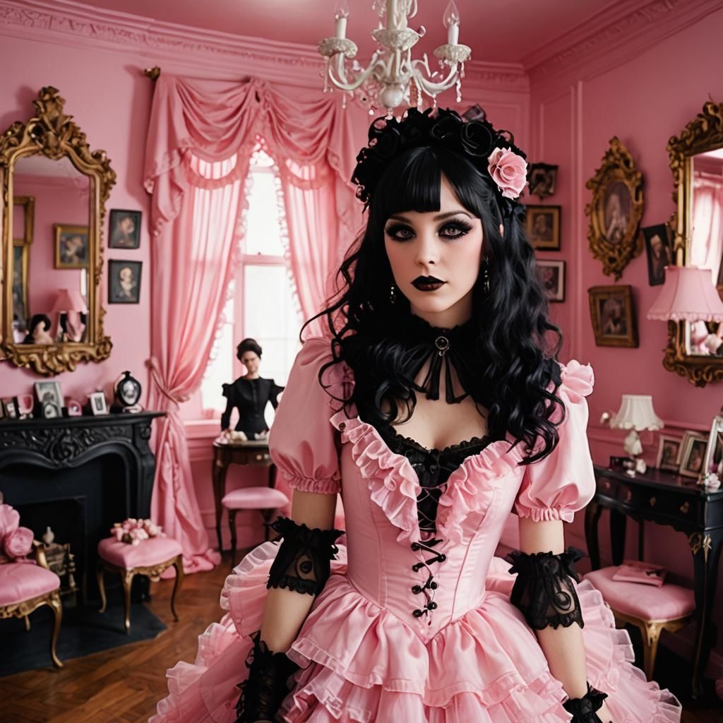 Happy Goth Girl in Frilly Pink Room