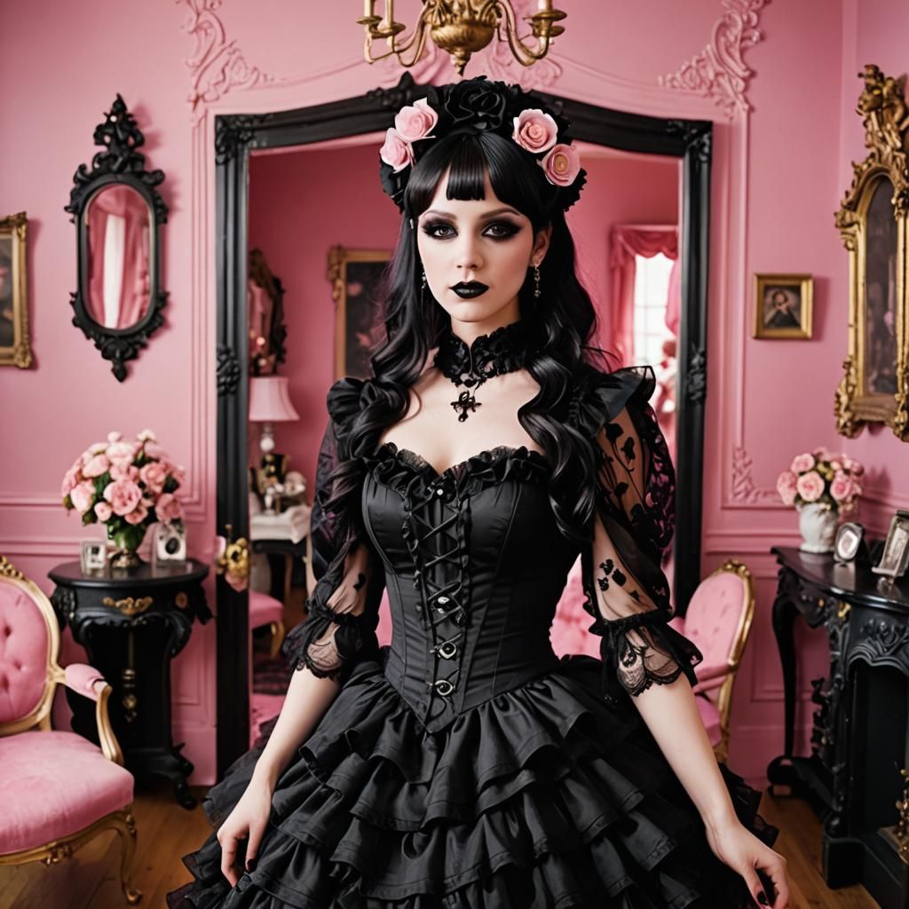 Happy Goth Woman in Frilly Pink Room