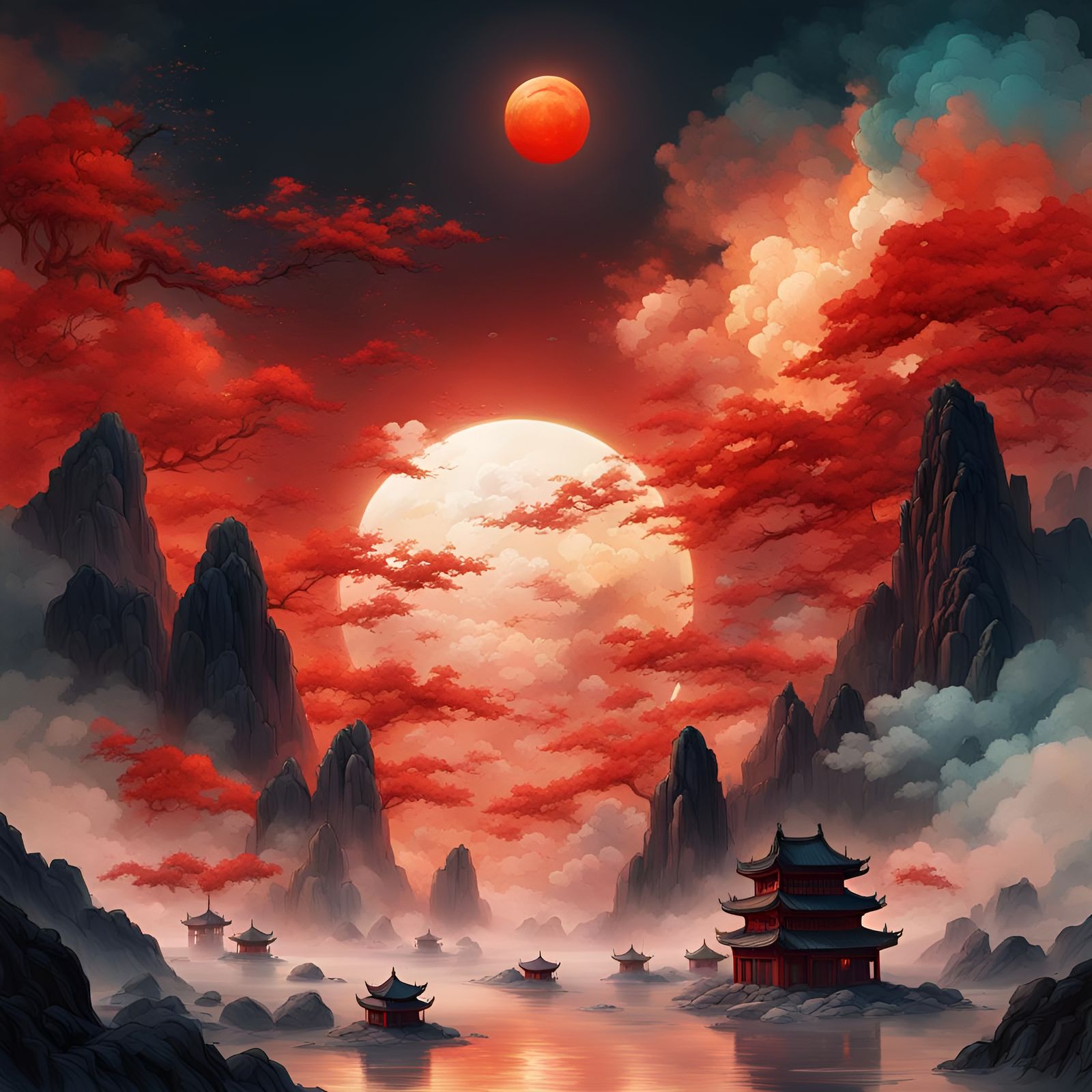 Chinese Ink Painting of Red Sun in Space