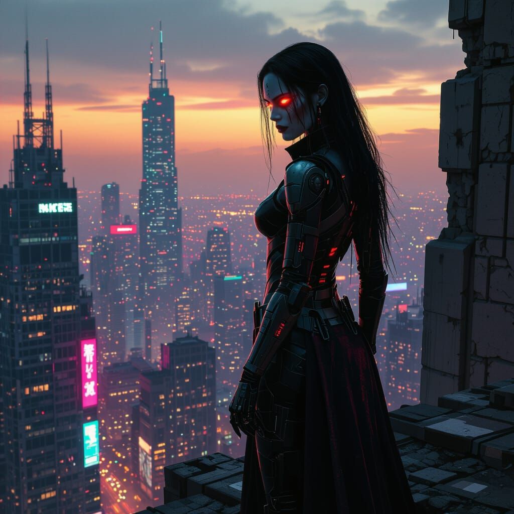 Cyberpunk Vampire Overlooks Neon Post-Apocalyptic Cityscape