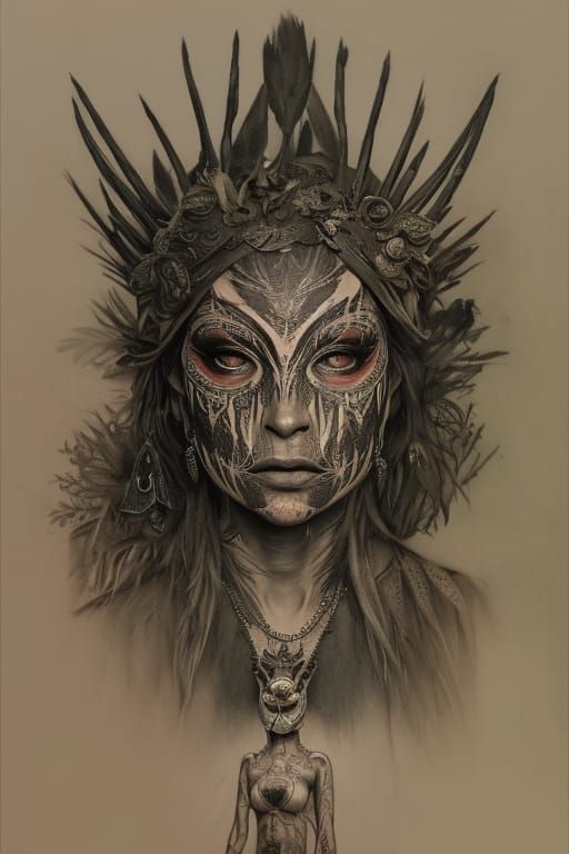 Tribal Woman with Crow Mask in Dark Fantasy Style