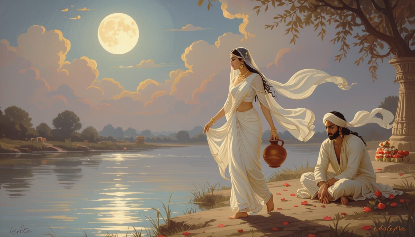 Ethereal Romantic Oil Painting of Soni Mahiwal Love Story