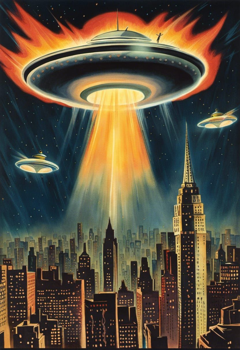 Retro Sci-Fi UFO Attack on New York Poster