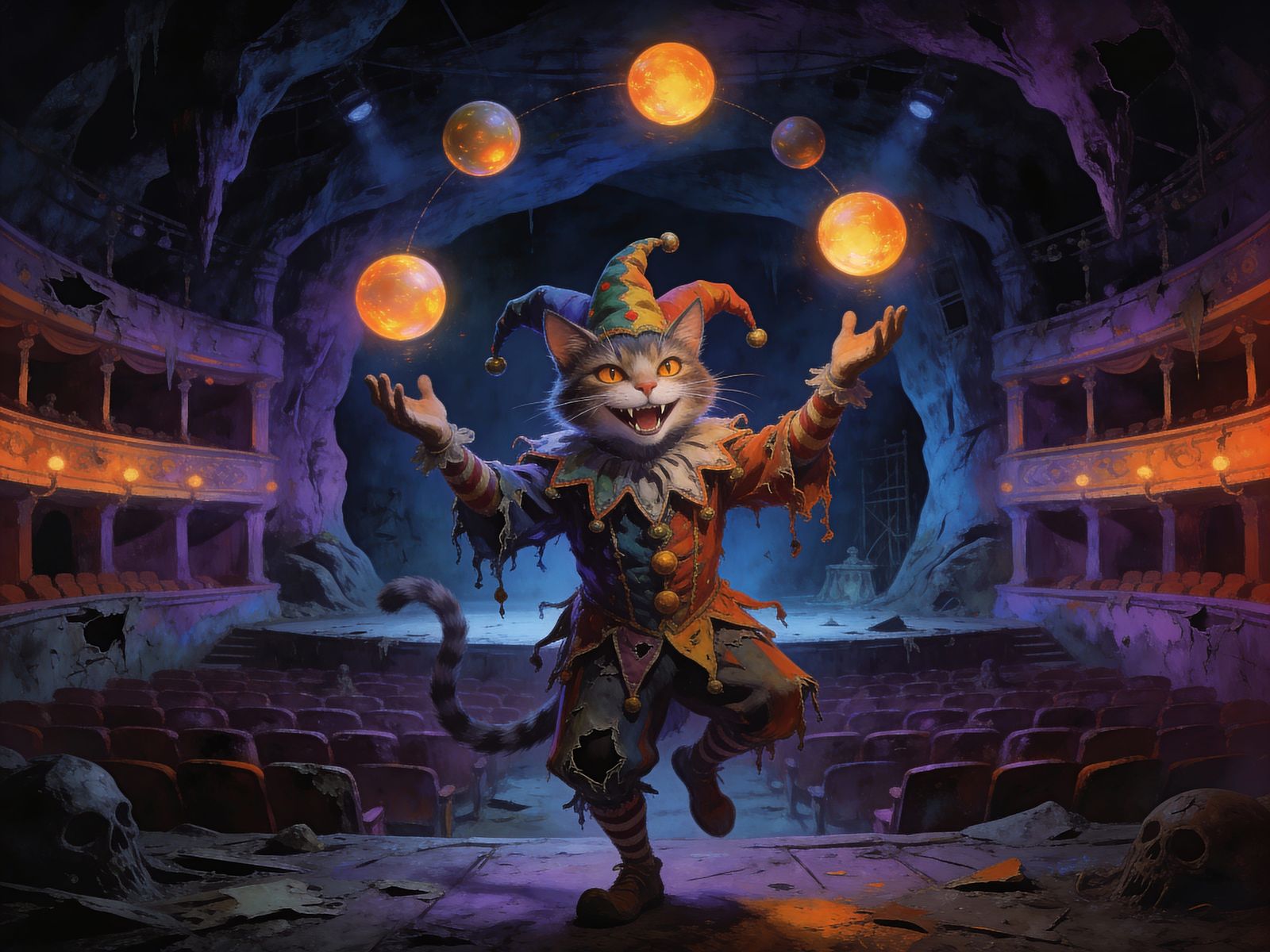 Jester Cat Juggling Orbs in Dark Fantasy Style