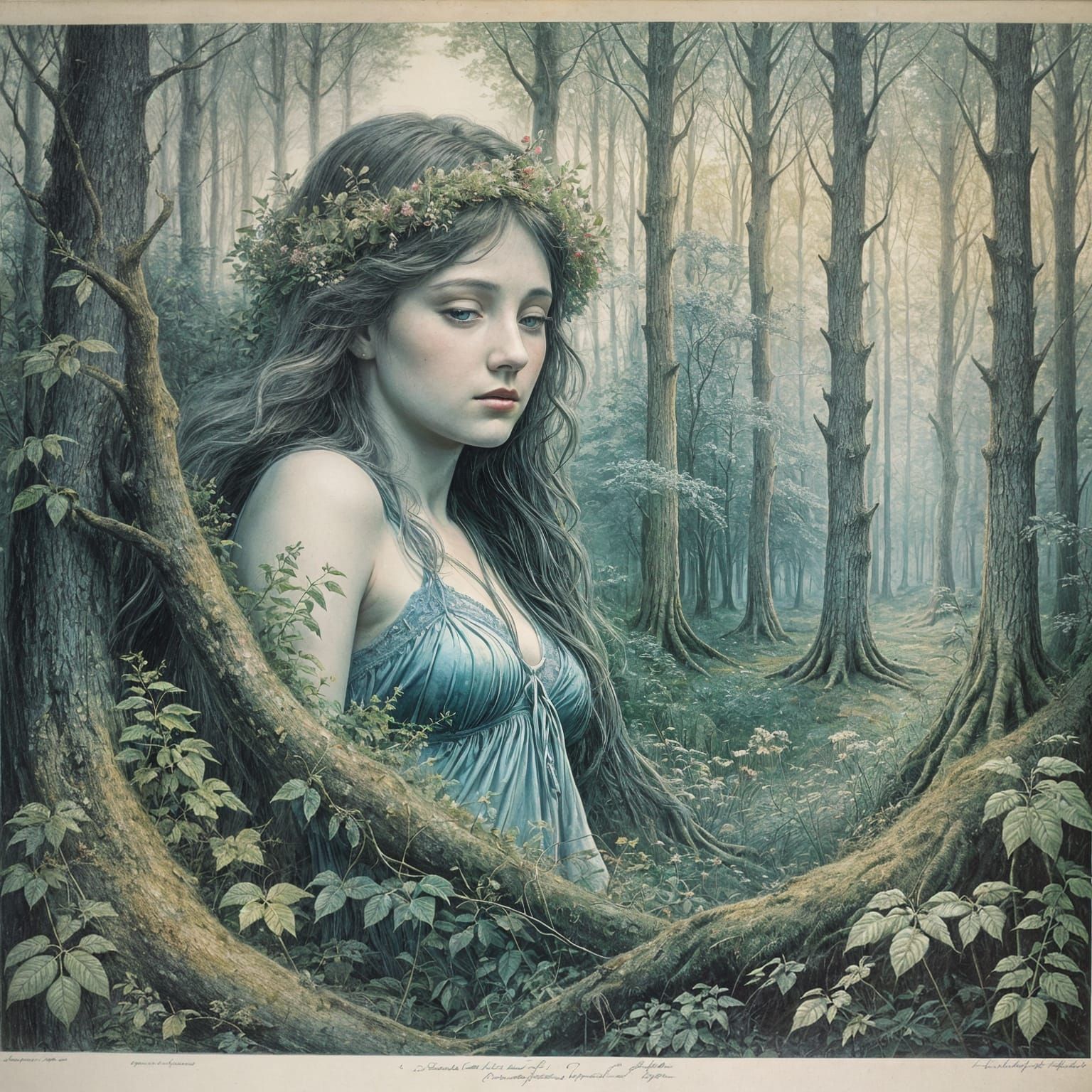 Enchanted Forest Goddess in Surreal Lithograph Style