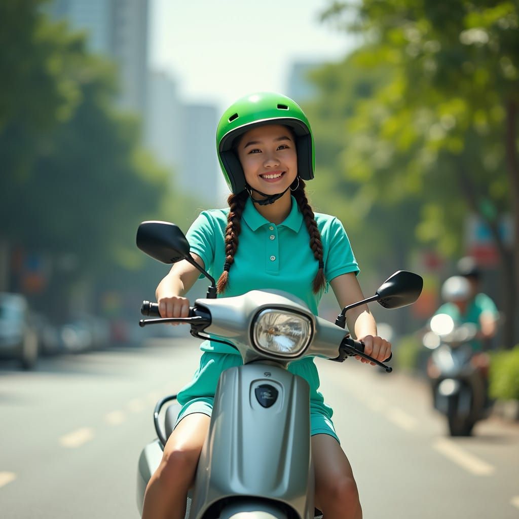 Thai Woman Riding Electric Scooter in Vibrant Bangkok Street...