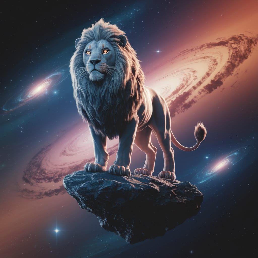 Regal Lion Surveys Celestial Domain from Floating Asteroid