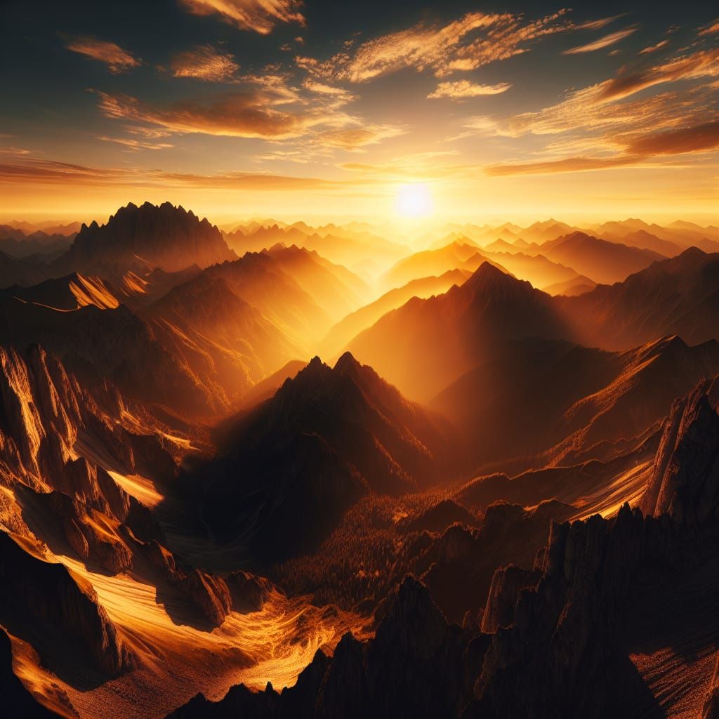 Mountain Range at Golden Hour with Birds in Flight