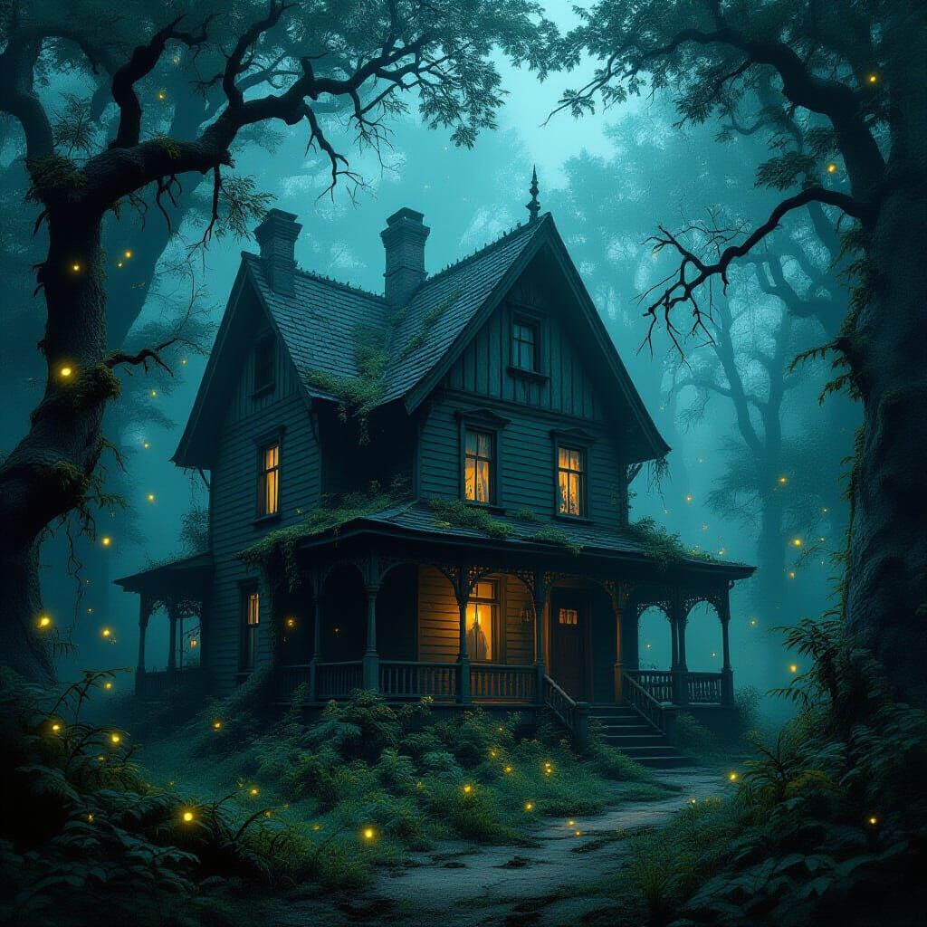 Ornate Forest House with Overgrown Vegetation